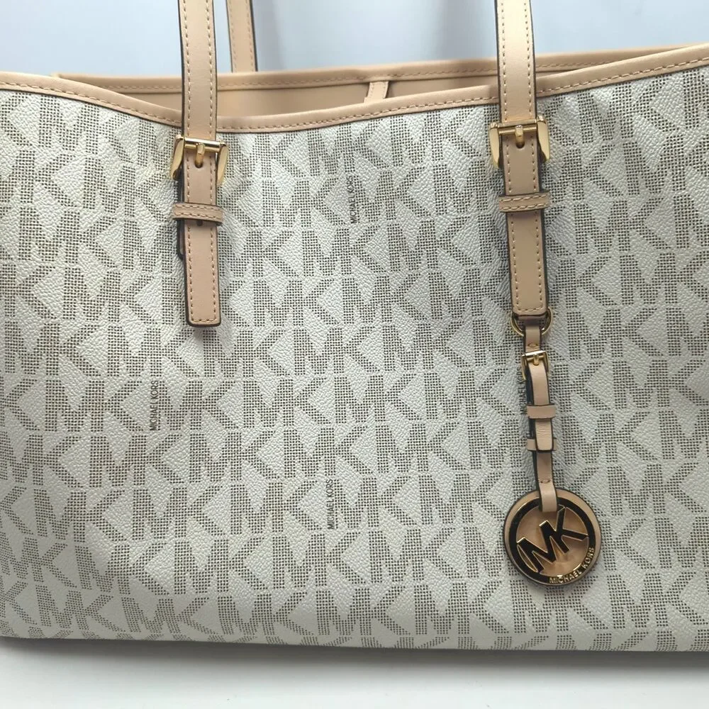 Michael Kors Jet Set Travel East West Monogram Tote Bag Purse Vanilla - Picture 5 of 16